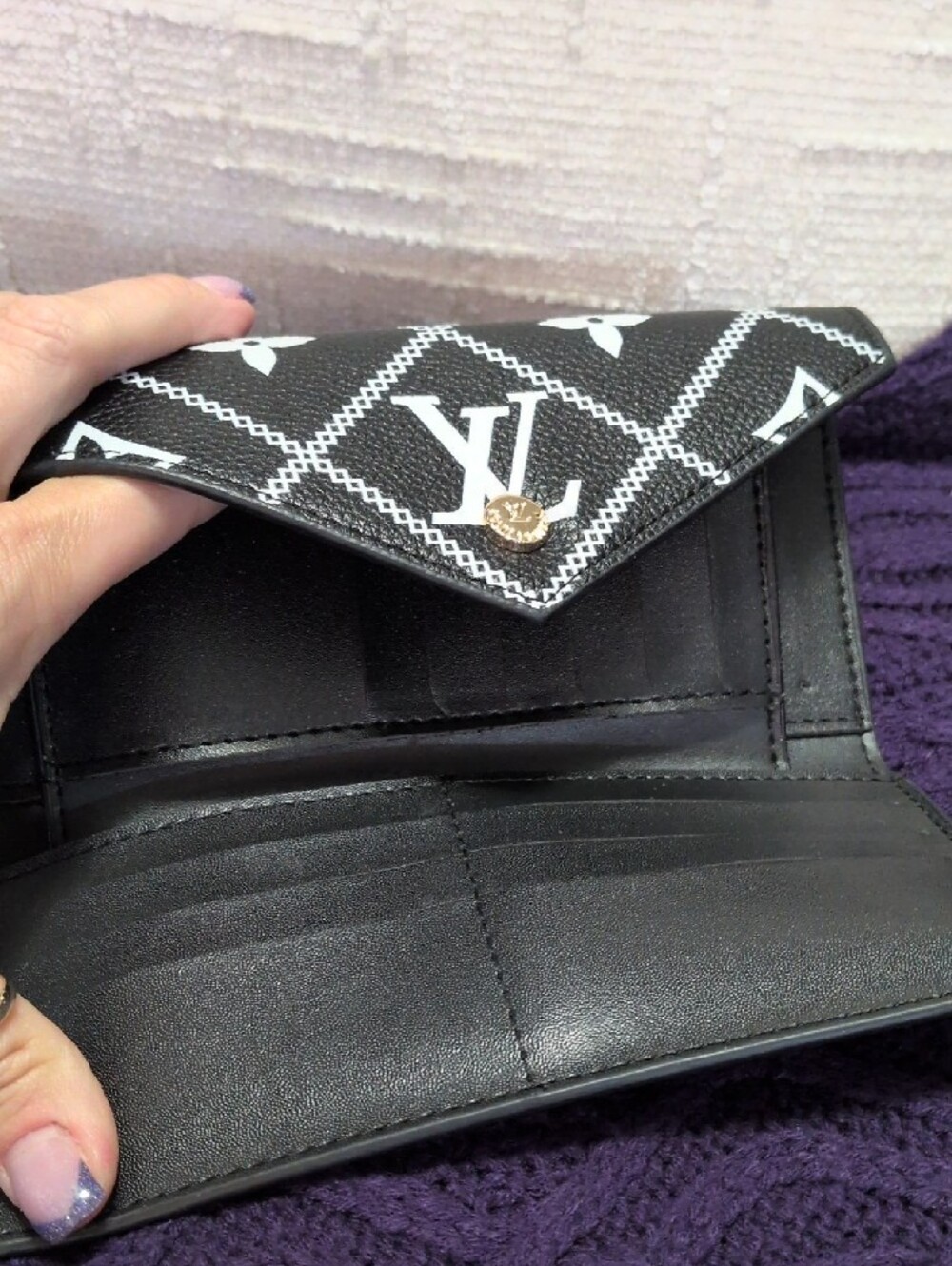 Black & White Monogram Long Envelope Wallet with Gold Snap - Picture 4 of 5